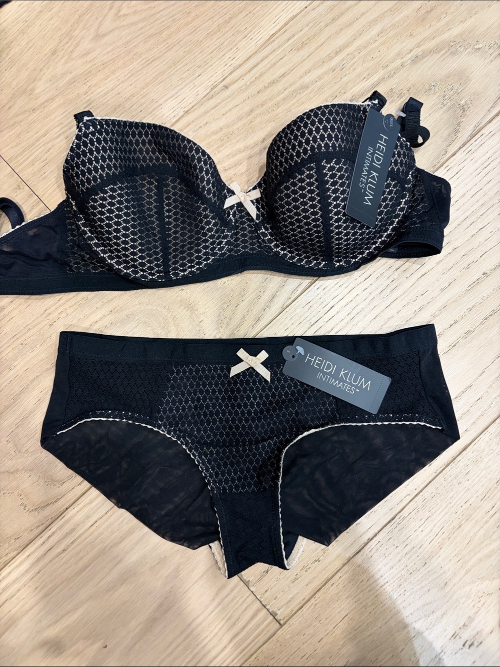 Heidi Klum Intimates Black Lace Bra and Brief Set with Cream Trim